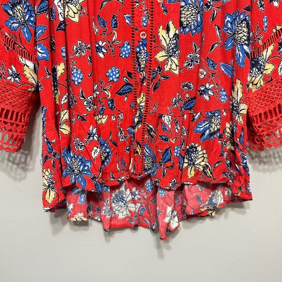 Democracy Boho Floral Blouse Womens Plus 1X Red Crochet Bell Sleeve Top Festival - Picture 4 of 10